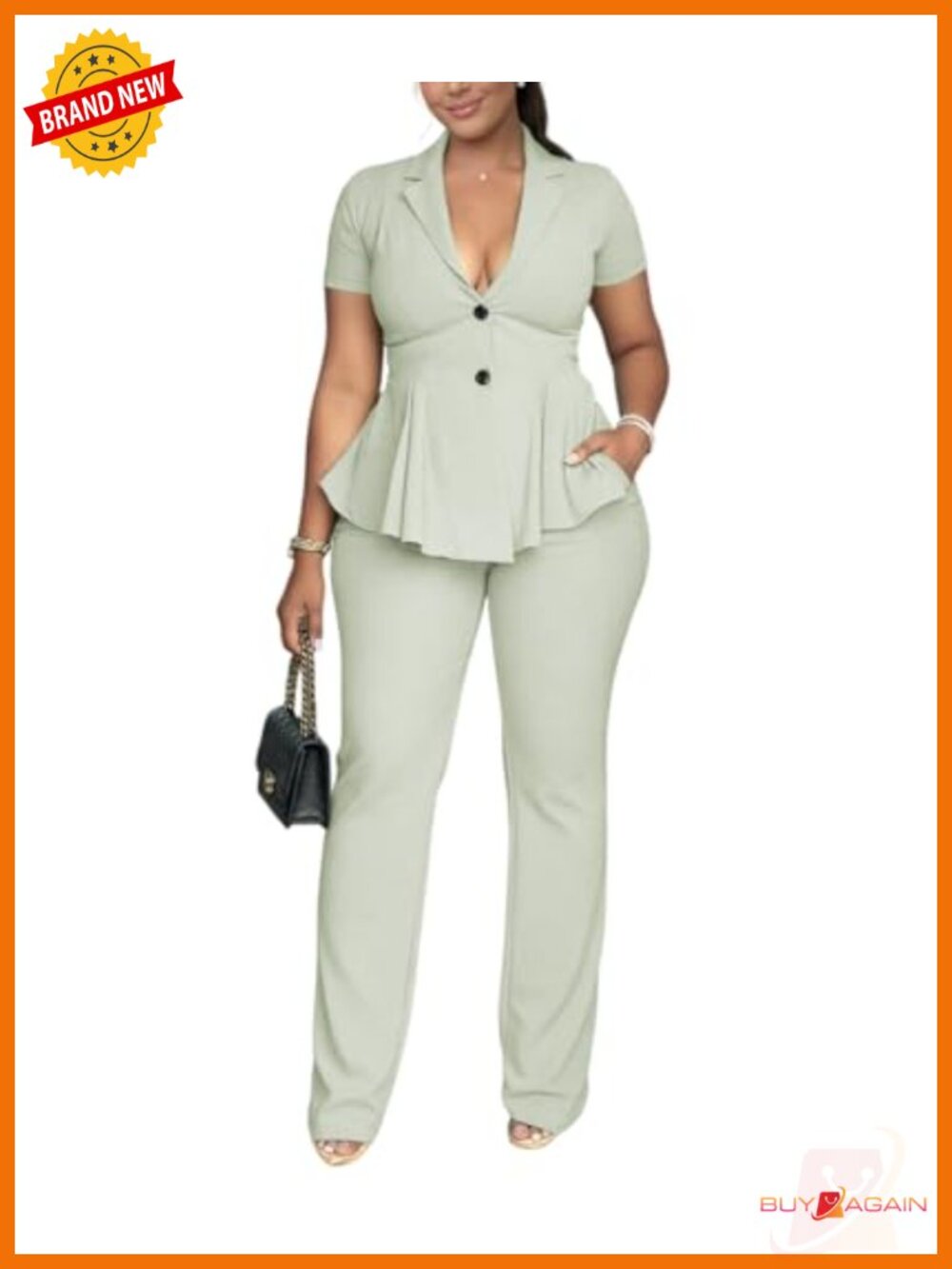 Short Sleeve Blazer Pantsuit Set Business Casual Suit with Pocket